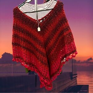 🆕Handmade Women’s Burgundy Red Wool Chunky Knit Poncho Sweater❤️❤️One Size
